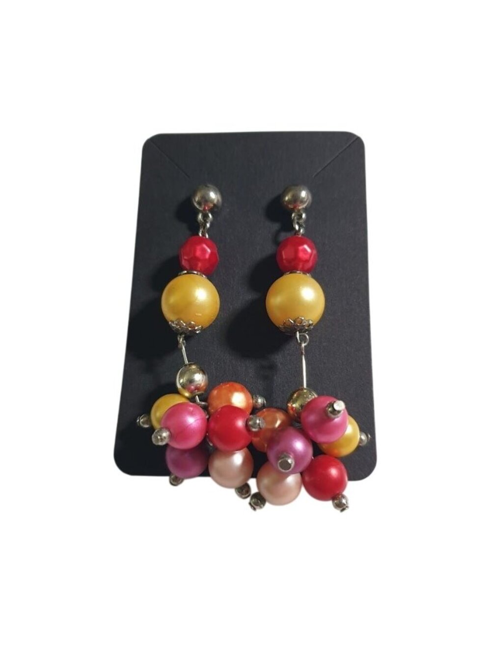 Beaded Dangle Earring Yellow Red Pink Cluster Silver Tone Drop Earrings Tropical